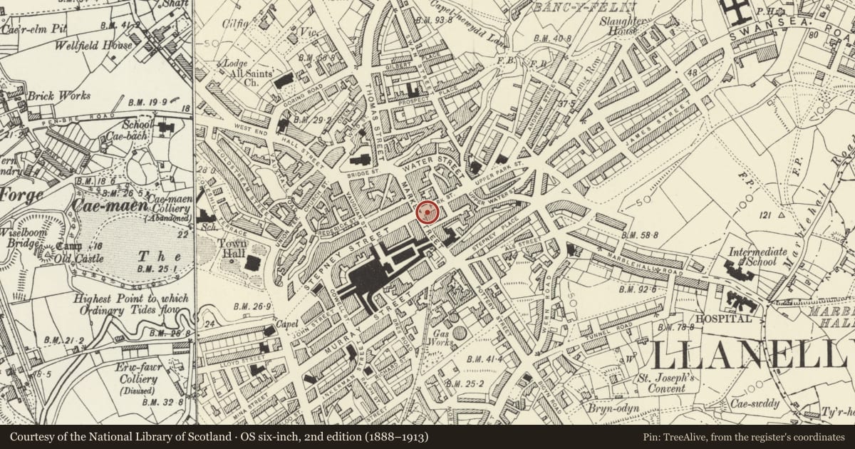 Ordnance Survey six-inch map, 2nd edition (1888–1913) covering the location of No.26 (and No.2 Park Street Exchange Buildings), Llanelli, Carmarthenshire, with a pin at the register's coordinates