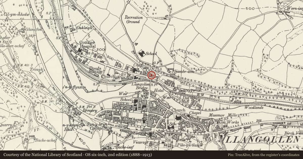 Ordnance Survey six-inch map, 2nd edition (1888–1913) covering the location of Bishop Trevor, Llangollen, Denbighshire, with a pin at the register's coordinates