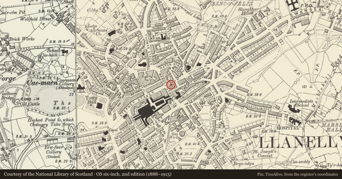 Ordnance Survey six-inch map, 2nd edition (1888–1913) covering the location of Exhange Buildings, Llanelli, Carmarthenshire, with a pin at the register's coordinates
