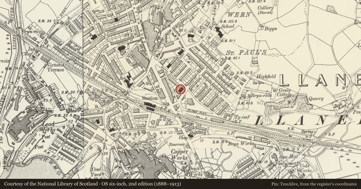 Ordnance Survey six-inch map, 2nd edition (1888–1913) covering the location of Caersalem Baptist Chapel, including schoolroom & Forecourt railings, Llanelli, Carmarthenshire, with a pin at the register's coordinates