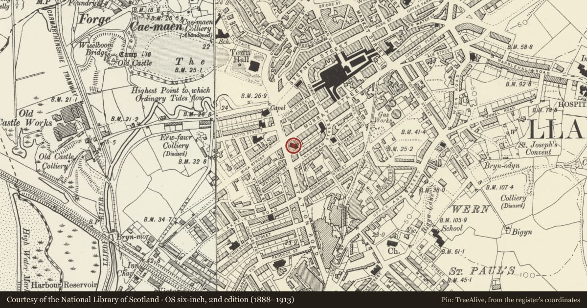 Ordnance Survey six-inch map, 2nd edition (1888–1913) covering the location of Greenfield Baptist Chapel, Including Gates & Railings To Enclosure, Llanelli, Carmarthenshire, with a pin at the register's coordinates