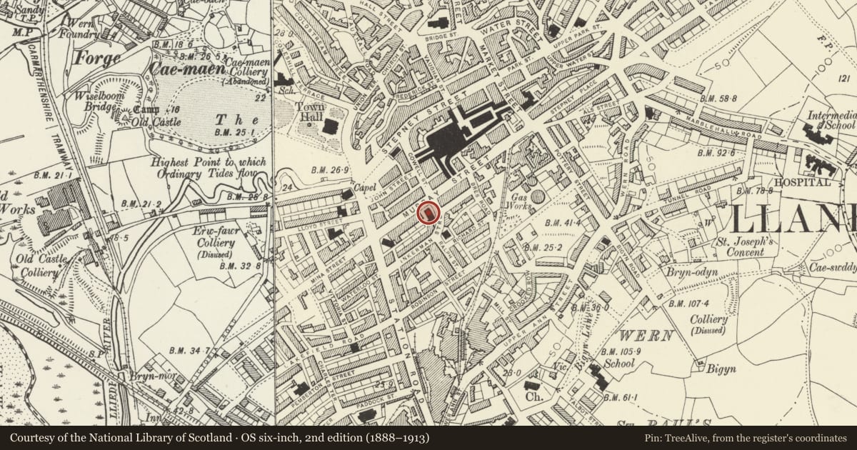 Ordnance Survey six-inch map, 2nd edition (1888–1913) covering the location of Park Congregational Chapel, including enclosure railings, Llanelli, Carmarthenshire, with a pin at the register's coordinates