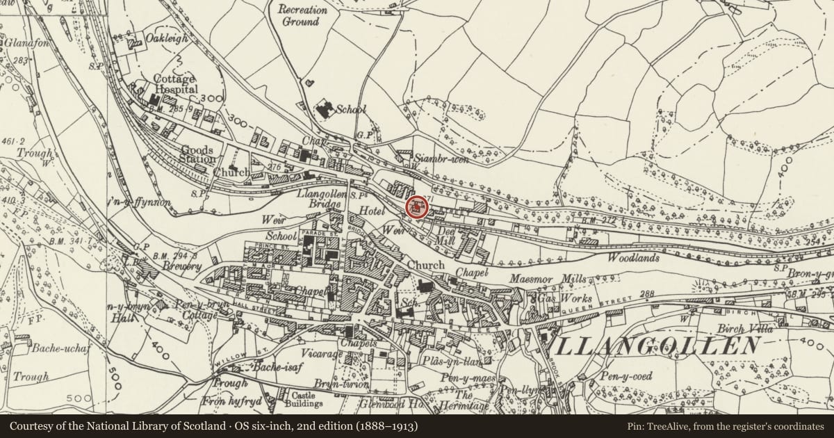 Ordnance Survey six-inch map, 2nd edition (1888–1913) covering the location of Dee Villa, Llangollen, Denbighshire, with a pin at the register's coordinates