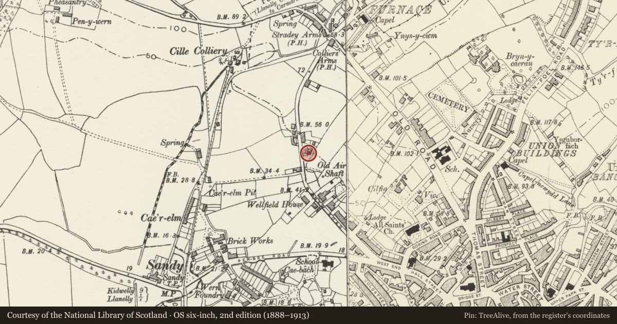 Ordnance Survey six-inch map, 2nd edition (1888–1913) covering the location of 82 including Walled Forecourt, Llanelli, Carmarthenshire, with a pin at the register's coordinates