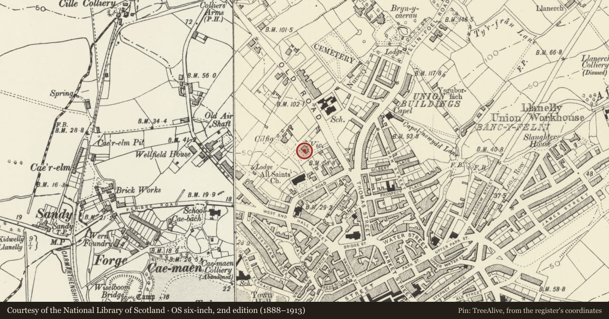 Ordnance Survey six-inch map, 2nd edition (1888–1913) covering the location of The Vicarage, Llanelli, Carmarthenshire, with a pin at the register's coordinates