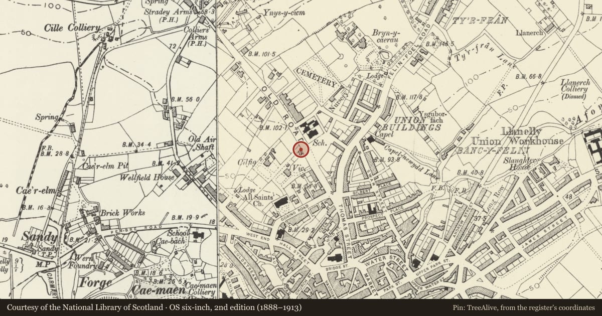 Ordnance Survey six-inch map, 2nd edition (1888–1913) covering the location of Ivy Cottage, including Gates and Railings, Llanelli, Carmarthenshire, with a pin at the register's coordinates