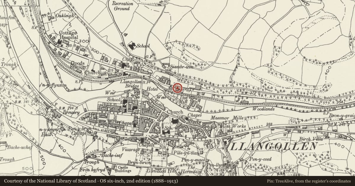 Ordnance Survey six-inch map, 2nd edition (1888–1913) covering the location of The Ponsonby Arms PH, Llangollen, Denbighshire, with a pin at the register's coordinates