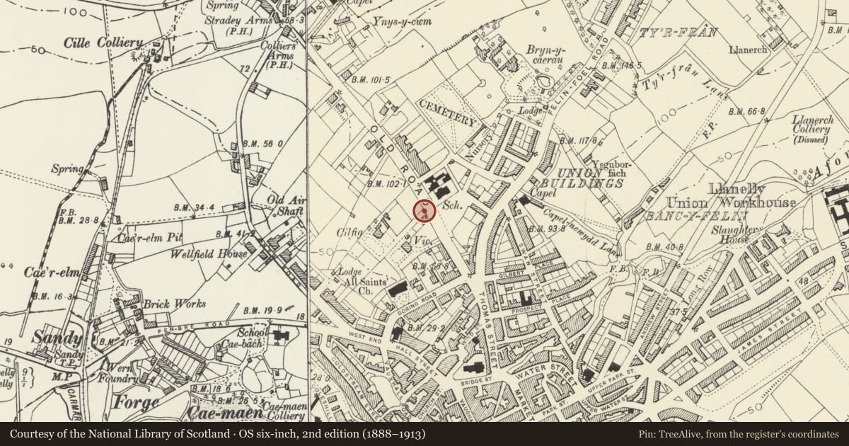 Ordnance Survey six-inch map, 2nd edition (1888–1913) covering the location of Cilfig Lodge, Llanelli, Carmarthenshire, with a pin at the register's coordinates