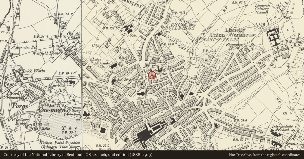 Ordnance Survey six-inch map, 2nd edition (1888–1913) covering the location of 2 Prospect Place, Llanelli, Carmarthenshire, with a pin at the register's coordinates