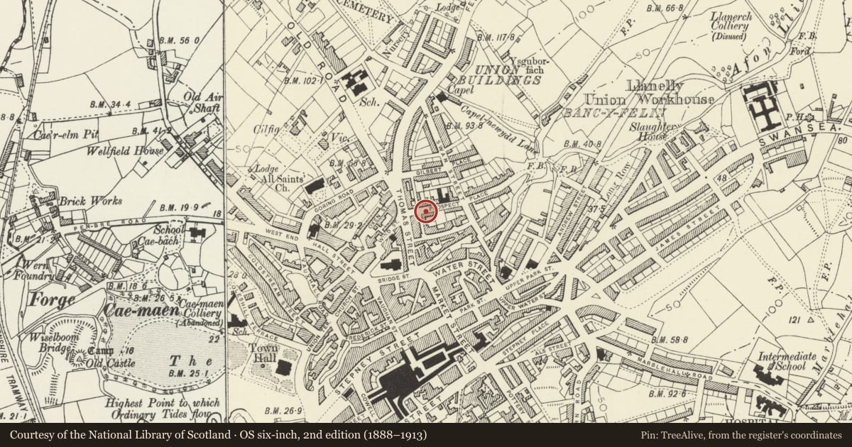 Ordnance Survey six-inch map, 2nd edition (1888–1913) covering the location of 4 Prospect Place, Llanelli, Carmarthenshire, with a pin at the register's coordinates