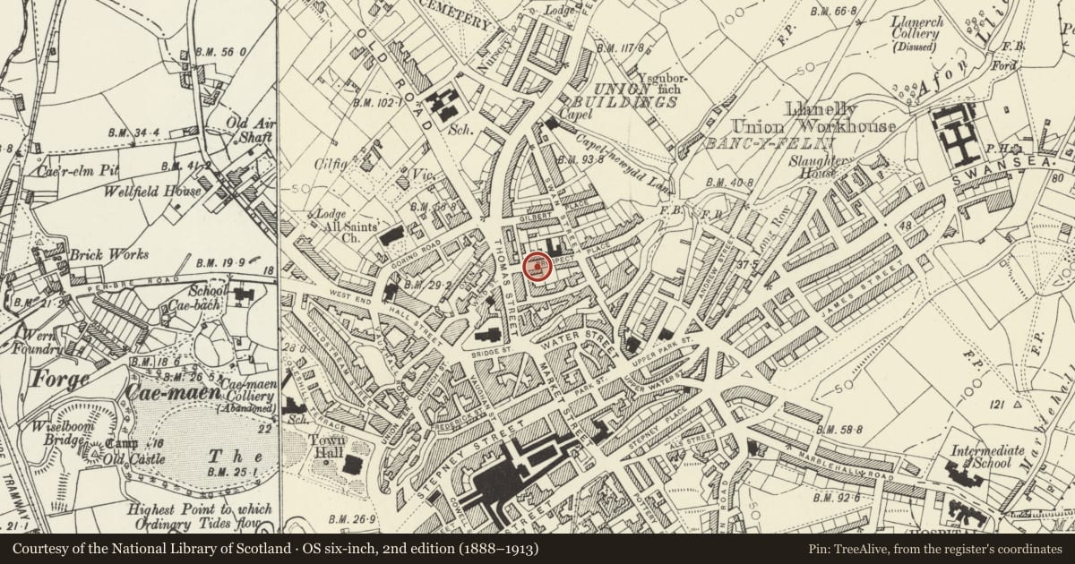 Ordnance Survey six-inch map, 2nd edition (1888–1913) covering the location of 6 Prospect Place, Llanelli, Carmarthenshire, with a pin at the register's coordinates