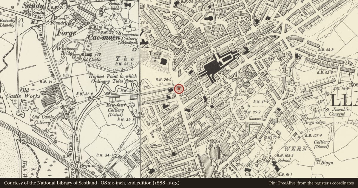 Ordnance Survey six-inch map, 2nd edition (1888–1913) covering the location of The Post Office, Llanelli, Carmarthenshire, with a pin at the register's coordinates