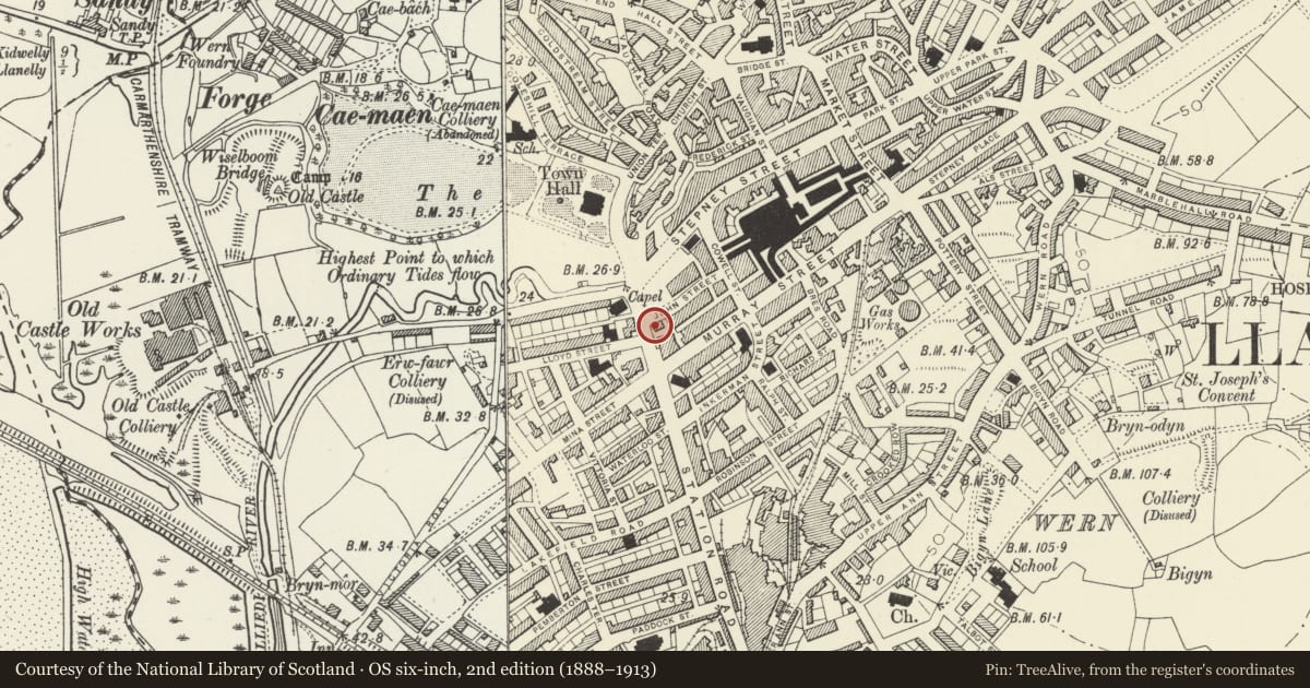 Ordnance Survey six-inch map, 2nd edition (1888–1913) covering the location of The Midland Bank, Llanelli, Carmarthenshire, with a pin at the register's coordinates