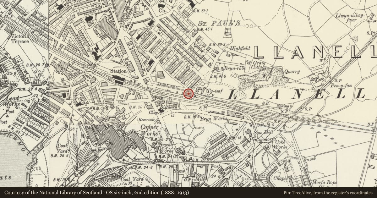 Ordnance Survey six-inch map, 2nd edition (1888–1913) covering the location of Llanelli Railway Yard Goods Shed and Offices, Carmarthenshire, with a pin at the register's coordinates
