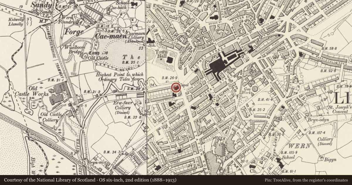 Ordnance Survey six-inch map, 2nd edition (1888–1913) covering the location of Moriah Baptist Chapel, Llanelli, Carmarthenshire, with a pin at the register's coordinates