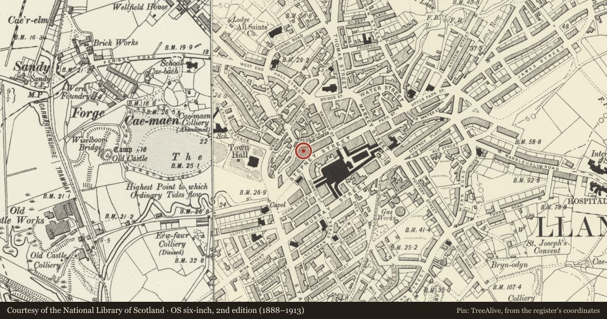 Ordnance Survey six-inch map, 2nd edition (1888–1913) covering the location of The Arcade, Llanelli, Carmarthenshire, with a pin at the register's coordinates