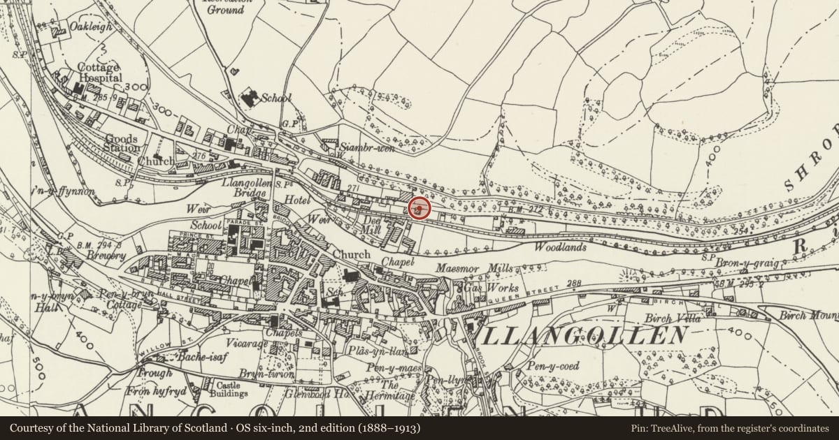 Ordnance Survey six-inch map, 2nd edition (1888–1913) covering the location of Dee Cottage, Llangollen, Denbighshire, with a pin at the register's coordinates