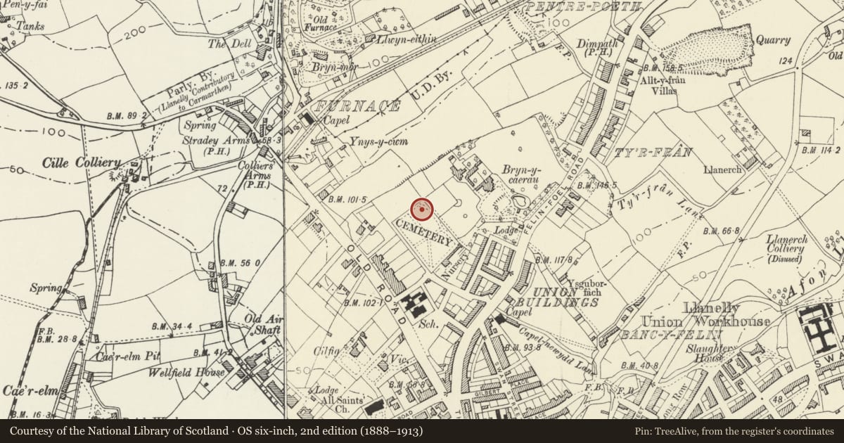 Ordnance Survey six-inch map, 2nd edition (1888–1913) covering the location of Sir Arthur Stepney Memorial in Old Road Cemetery, Llanelli, Carmarthenshire, with a pin at the register's coordinates