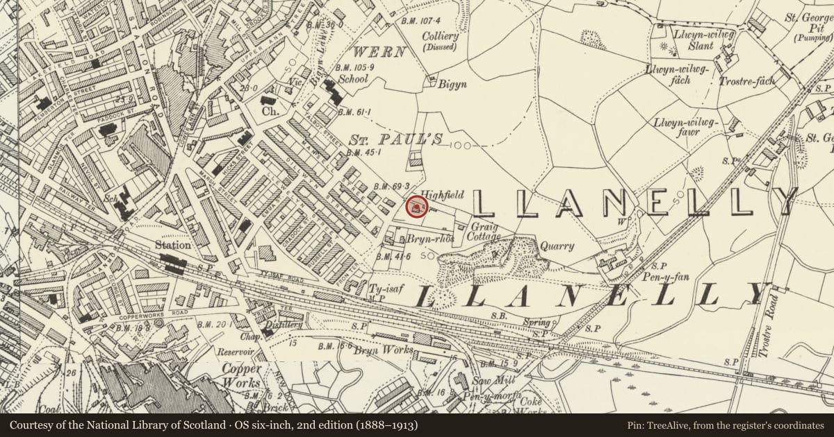 Ordnance Survey six-inch map, 2nd edition (1888–1913) covering the location of Highfield, Llanelli, Carmarthenshire, with a pin at the register's coordinates