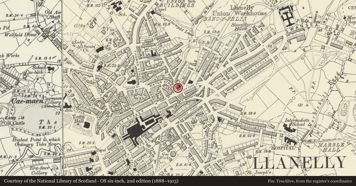 Ordnance Survey six-inch map, 2nd edition (1888–1913) covering the location of Zion Baptist School, including Forecourt Railings & Gates, Llanelli, Carmarthenshire, with a pin at the register's coordinates