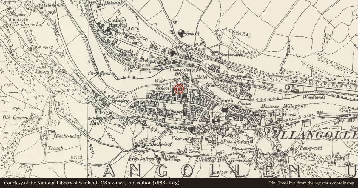 Ordnance Survey six-inch map, 2nd edition (1888–1913) covering the location of Police Station, Llangollen, Denbighshire, with a pin at the register's coordinates
