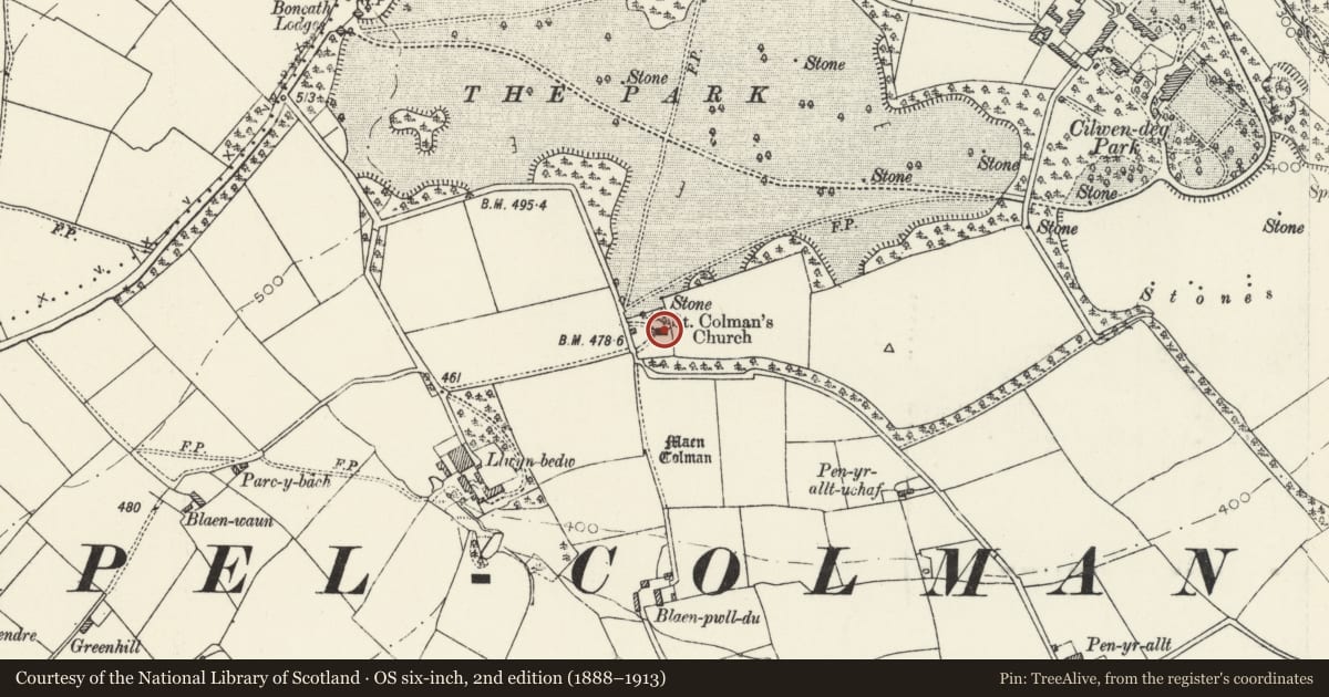 Ordnance Survey six-inch map, 2nd edition (1888–1913) covering the location of Church of St Colman, Boncath, Pembrokeshire, with a pin at the register's coordinates