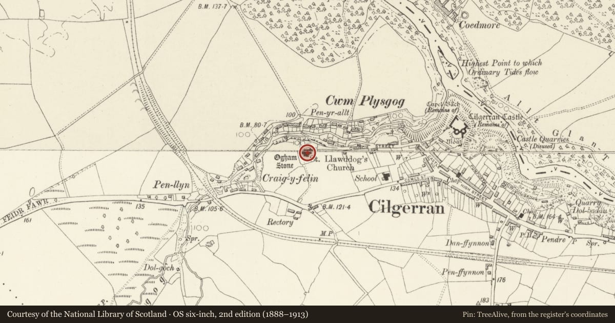 Ordnance Survey six-inch map, 2nd edition (1888–1913) covering the location of Church of St Llawddog, Cilgerran, Pembrokeshire, with a pin at the register's coordinates