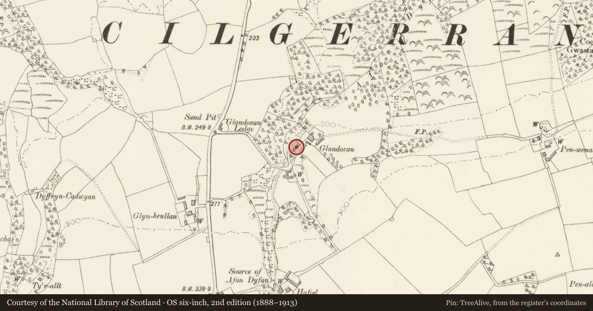 Ordnance Survey six-inch map, 2nd edition (1888–1913) covering the location of Outbuilding on N Side of Stable Court at Glandovan, Cilgerran, Pembrokeshire, with a pin at the register's coordinates