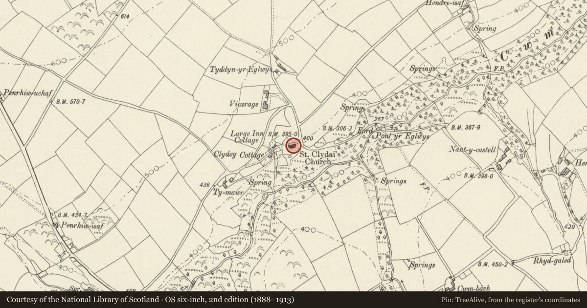 Ordnance Survey six-inch map, 2nd edition (1888–1913) covering the location of Church of Saint Clydai, Clydau, Pembrokeshire, with a pin at the register's coordinates