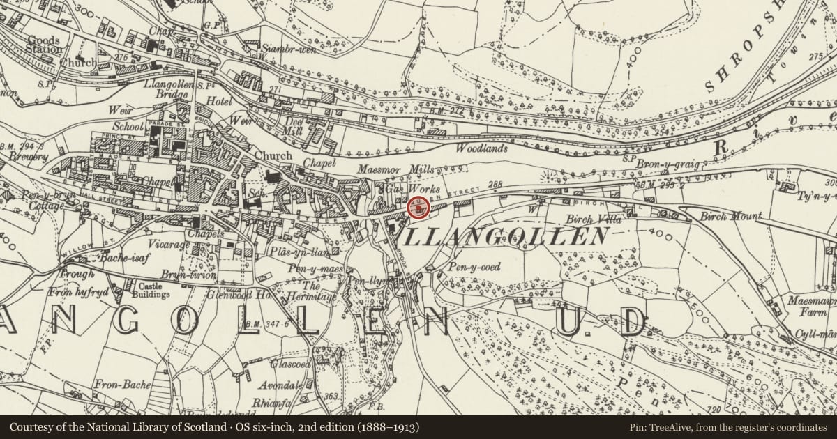 Ordnance Survey six-inch map, 2nd edition (1888–1913) covering the location of Toll Gatehouse, Llangollen, Denbighshire, with a pin at the register's coordinates