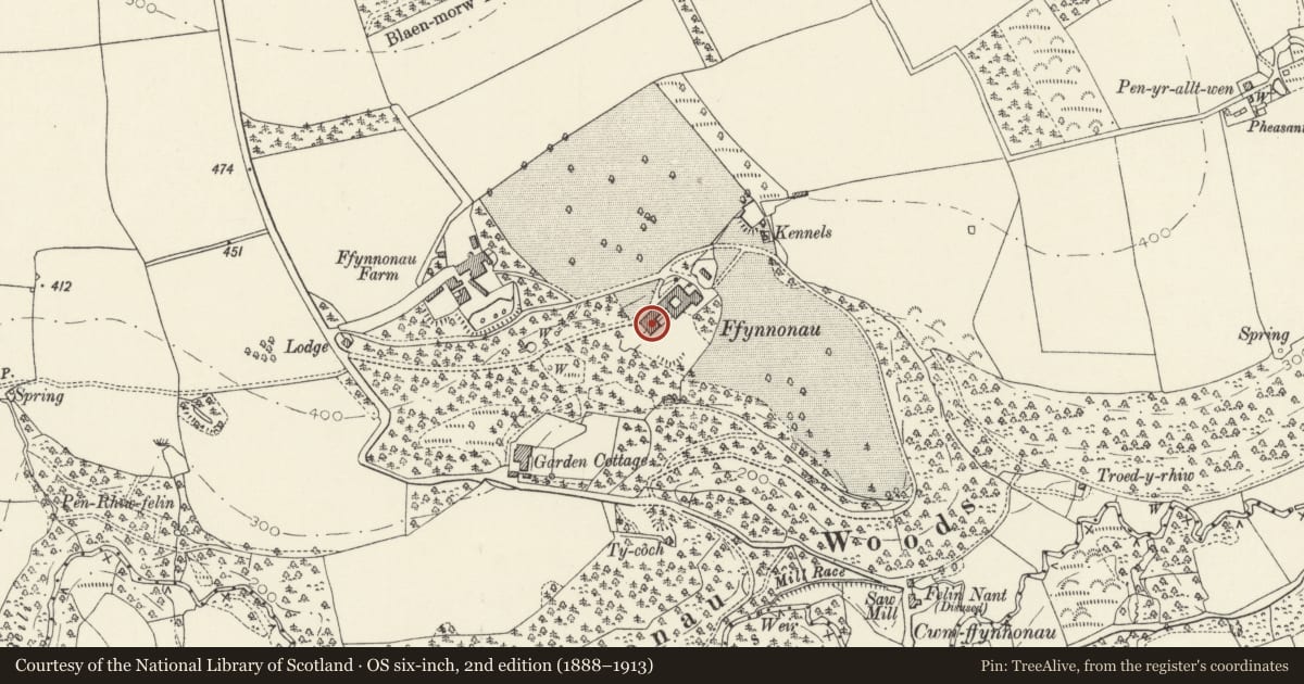 Ordnance Survey six-inch map, 2nd edition (1888–1913) covering the location of Ffynone, Manordeifi, Pembrokeshire, with a pin at the register's coordinates