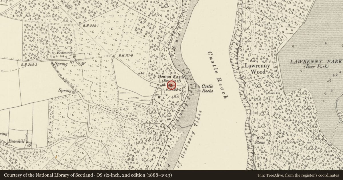 Ordnance Survey six-inch map, 2nd edition (1888–1913) covering the location of Benton Castle, Burton, Pembrokeshire, with a pin at the register's coordinates