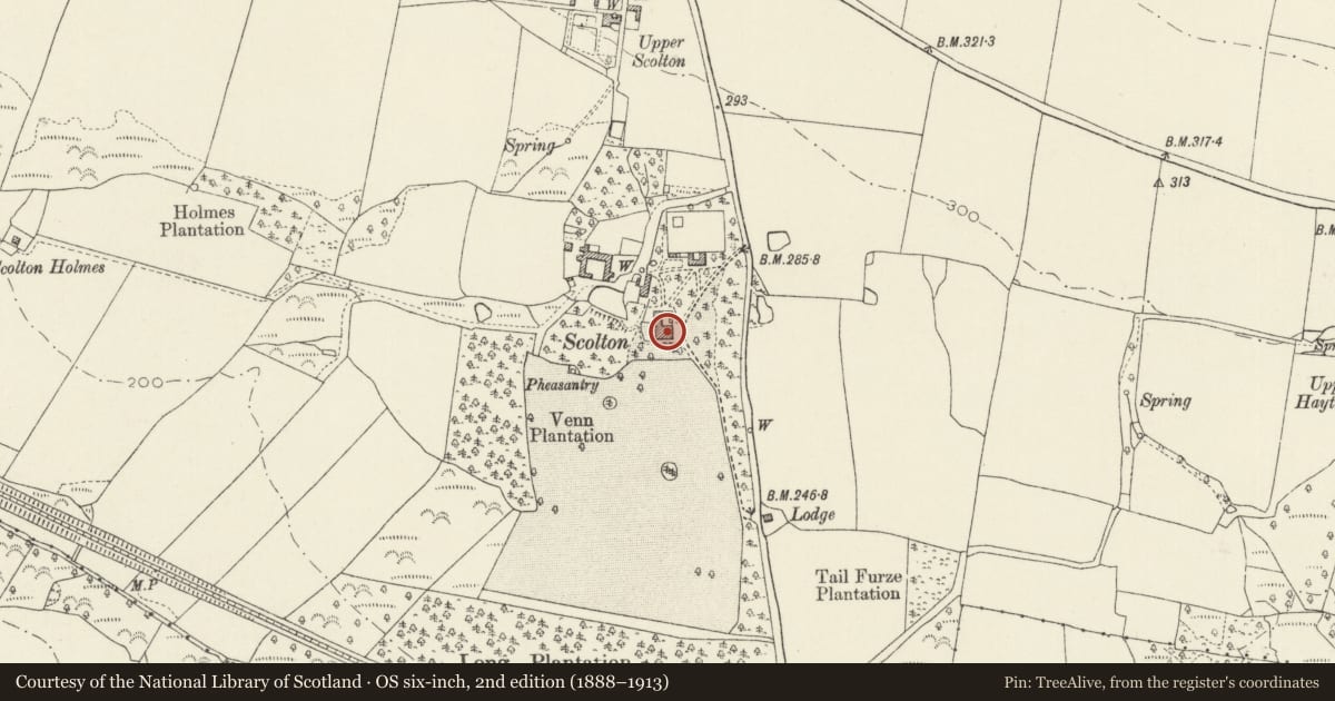 Ordnance Survey six-inch map, 2nd edition (1888–1913) covering the location of Scolton Manor, Spittal, Pembrokeshire, with a pin at the register's coordinates