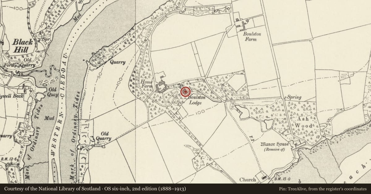 Ordnance Survey six-inch map, 2nd edition (1888–1913) covering the location of Boulston Manor, Uzmaston, Boulston and Slebech, Pembrokeshire, with a pin at the register's coordinates