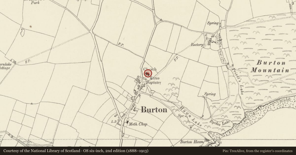 Ordnance Survey six-inch map, 2nd edition (1888–1913) covering the location of Church of Saint Mary, Burton, Pembrokeshire, with a pin at the register's coordinates