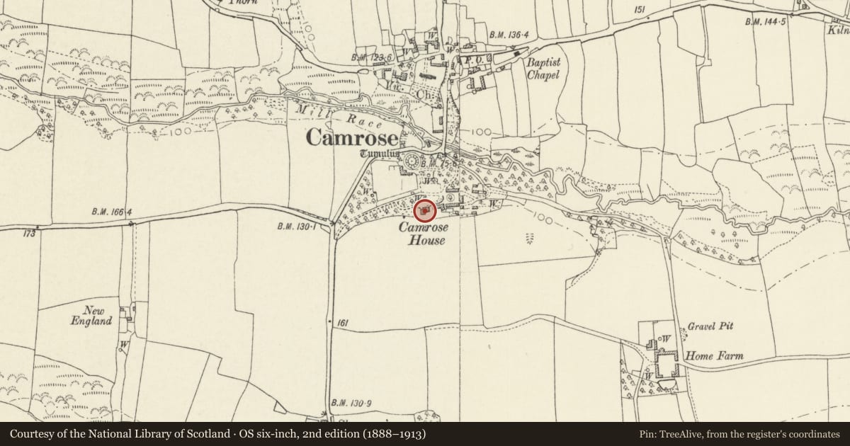 Ordnance Survey six-inch map, 2nd edition (1888–1913) covering the location of Camrose House, Pembrokeshire, with a pin at the register's coordinates