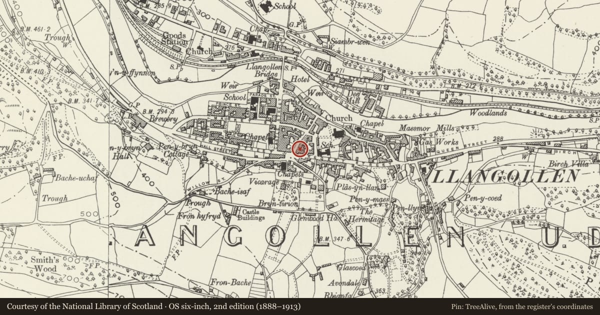 Ordnance Survey six-inch map, 2nd edition (1888–1913) covering the location of No.1 (Sylvan), Llangollen, Denbighshire, with a pin at the register's coordinates