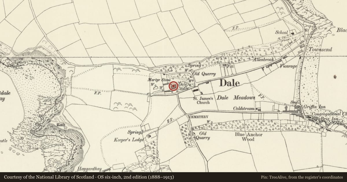 Ordnance Survey six-inch map, 2nd edition (1888–1913) covering the location of Dale Castle, Pembrokeshire, with a pin at the register's coordinates