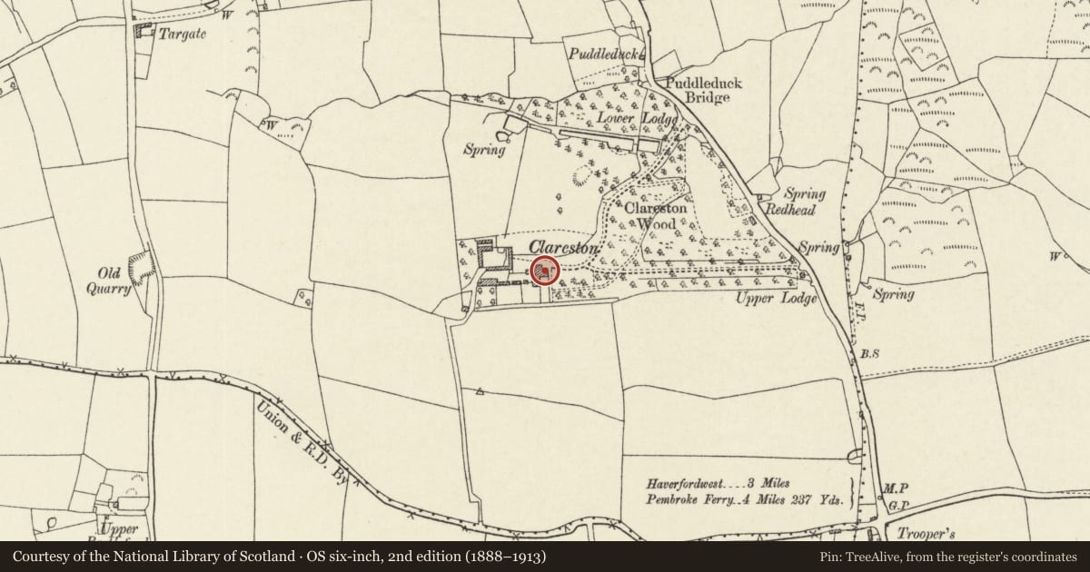 Ordnance Survey six-inch map, 2nd edition (1888–1913) covering the location of Clareston, Freystrop, Pembrokeshire, with a pin at the register's coordinates
