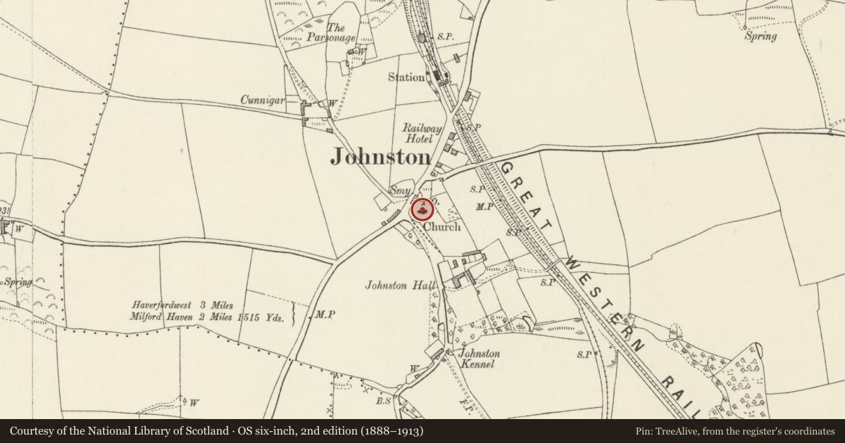 Ordnance Survey six-inch map, 2nd edition (1888–1913) covering the location of Church of St Peter, Johnston, Pembrokeshire, with a pin at the register's coordinates