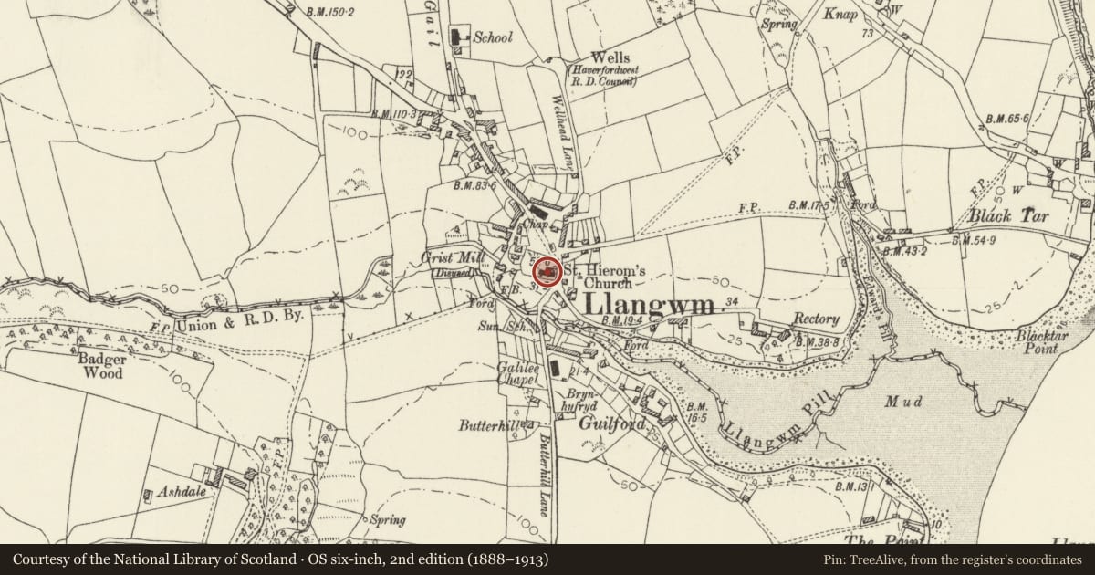Ordnance Survey six-inch map, 2nd edition (1888–1913) covering the location of Church of Saint Jerome, Llangwm, Pembrokeshire, with a pin at the register's coordinates