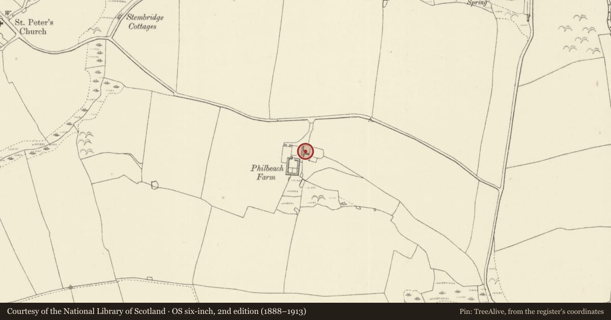 Ordnance Survey six-inch map, 2nd edition (1888–1913) covering the location of Philbeach, S end section with round chimney, Marloes and St. Brides, Pembrokeshire, with a pin at the register's coordinates