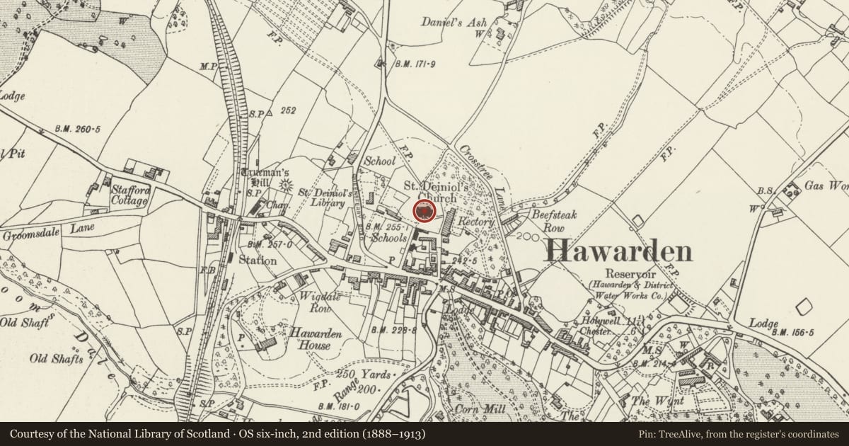 Ordnance Survey six-inch map, 2nd edition (1888–1913) covering the location of Parish Church of St Deinol, Hawarden, Flintshire, with a pin at the register's coordinates