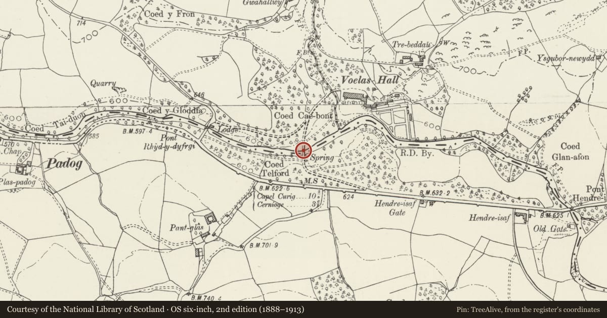Ordnance Survey six-inch map, 2nd edition (1888–1913) covering the location of Pont Rhyd-y-Dyfrgi, Bro Garmon, Conwy, with a pin at the register's coordinates