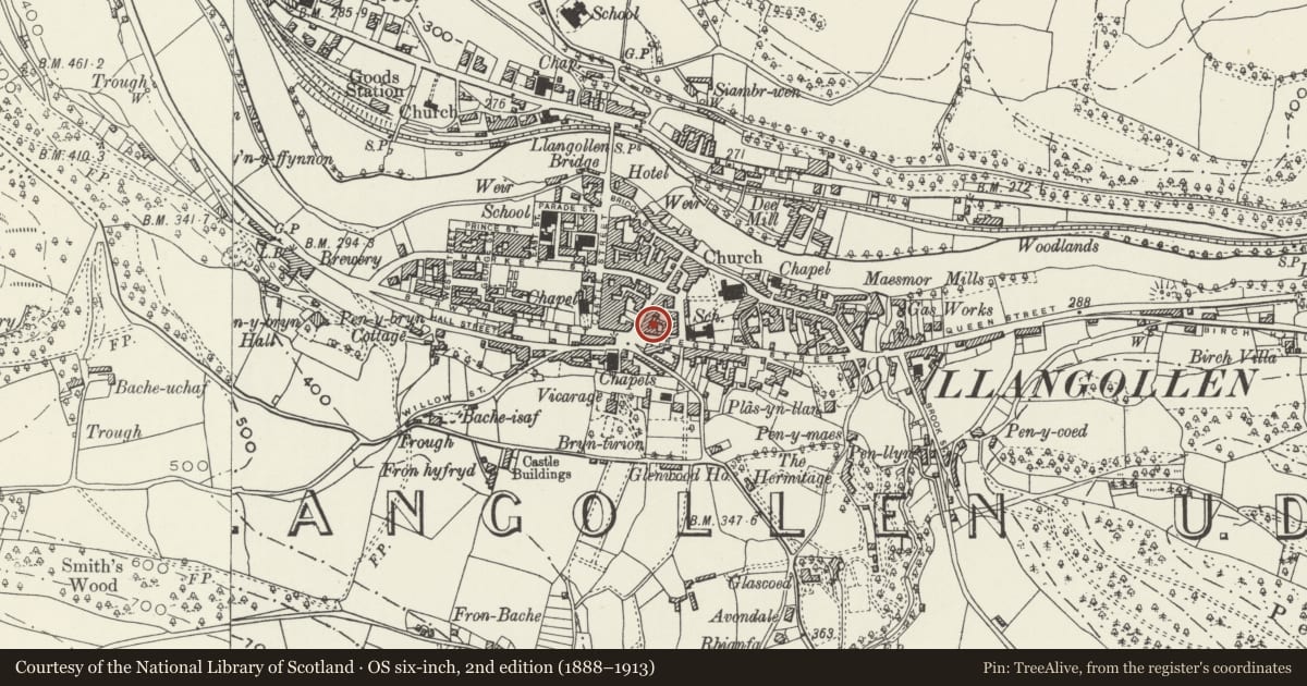 Ordnance Survey six-inch map, 2nd edition (1888–1913) covering the location of Blue Bay Launderette, Llangollen, Denbighshire, with a pin at the register's coordinates