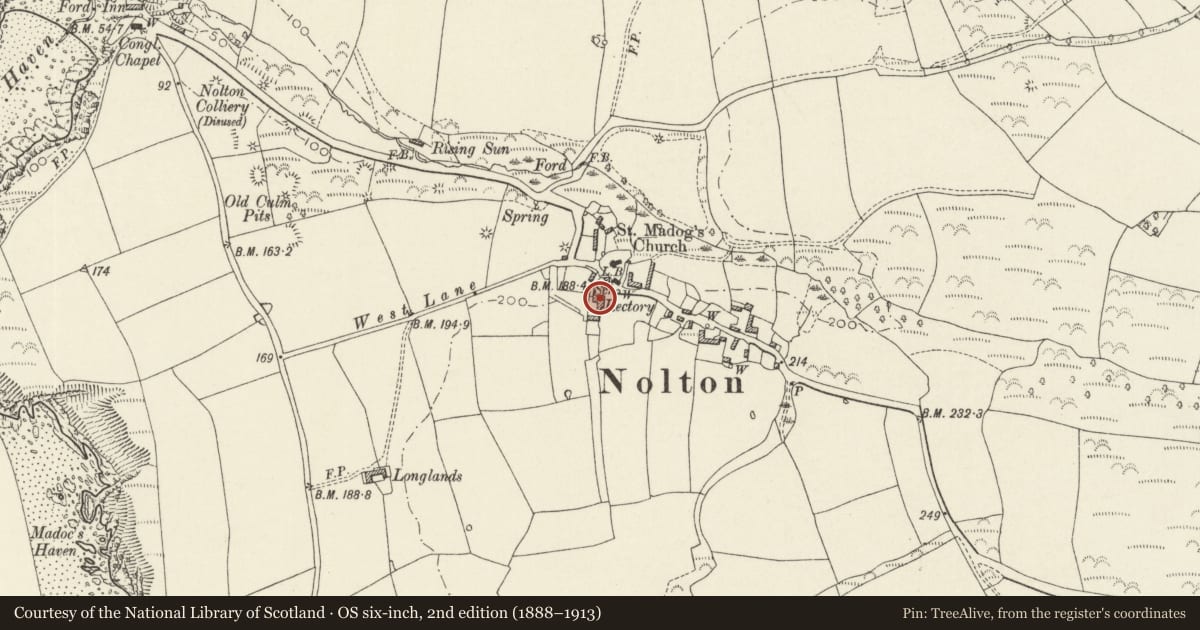 Ordnance Survey six-inch map, 2nd edition (1888–1913) covering the location of Nolton Rectory, Nolton and Roch, Pembrokeshire, with a pin at the register's coordinates
