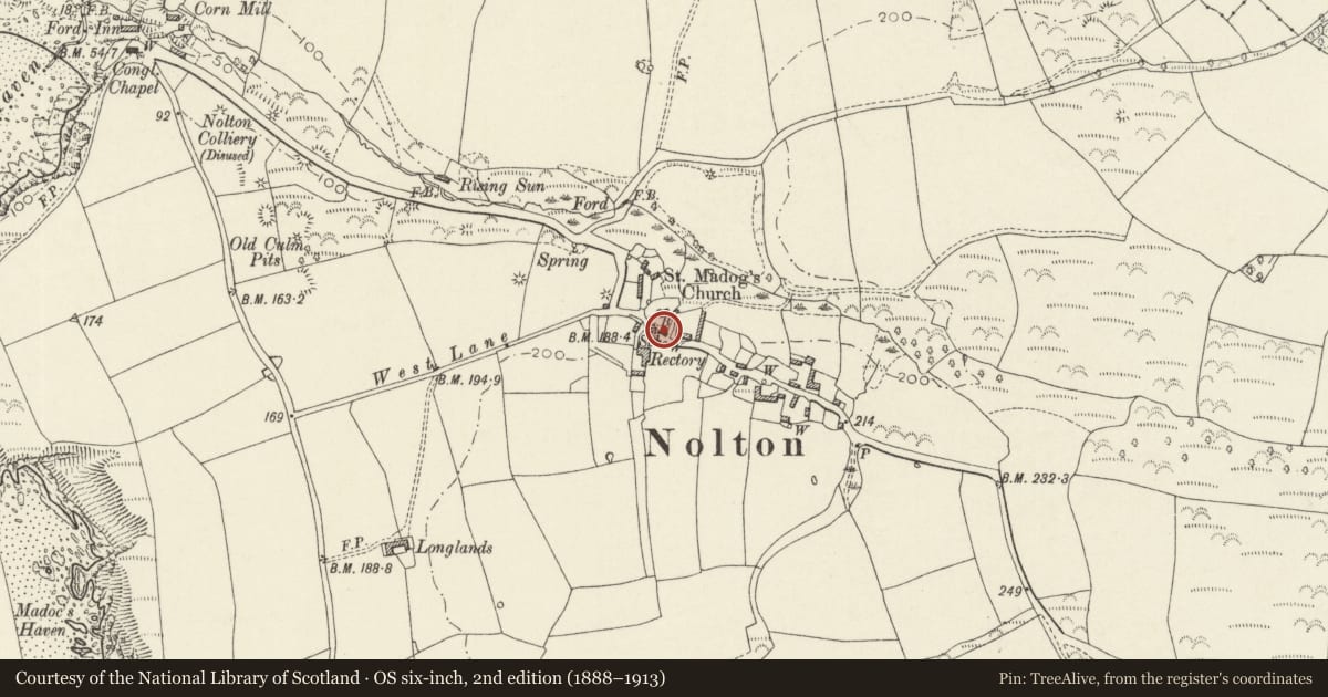 Ordnance Survey six-inch map, 2nd edition (1888–1913) covering the location of The Old School, Nolton and Roch, Pembrokeshire, with a pin at the register's coordinates