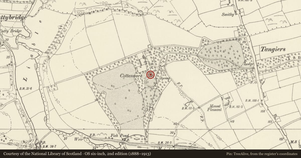 Ordnance Survey six-inch map, 2nd edition (1888–1913) covering the location of Cottesmore including attached E conservatory and NW wing, Rudbaxton, Pembrokeshire, with a pin at the register's coordinates