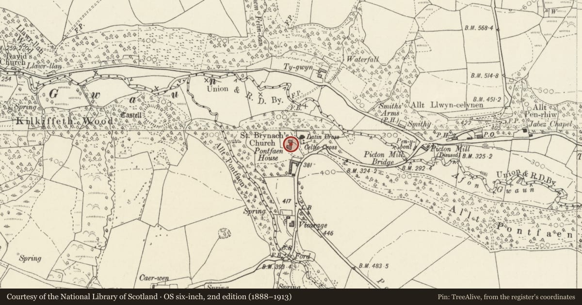 Ordnance Survey six-inch map, 2nd edition (1888–1913) covering the location of Pontfaen House (Plas Pontfaen and Pontfaen Farmouse), Cwm Gwaun, Pembrokeshire, with a pin at the register's coordinates