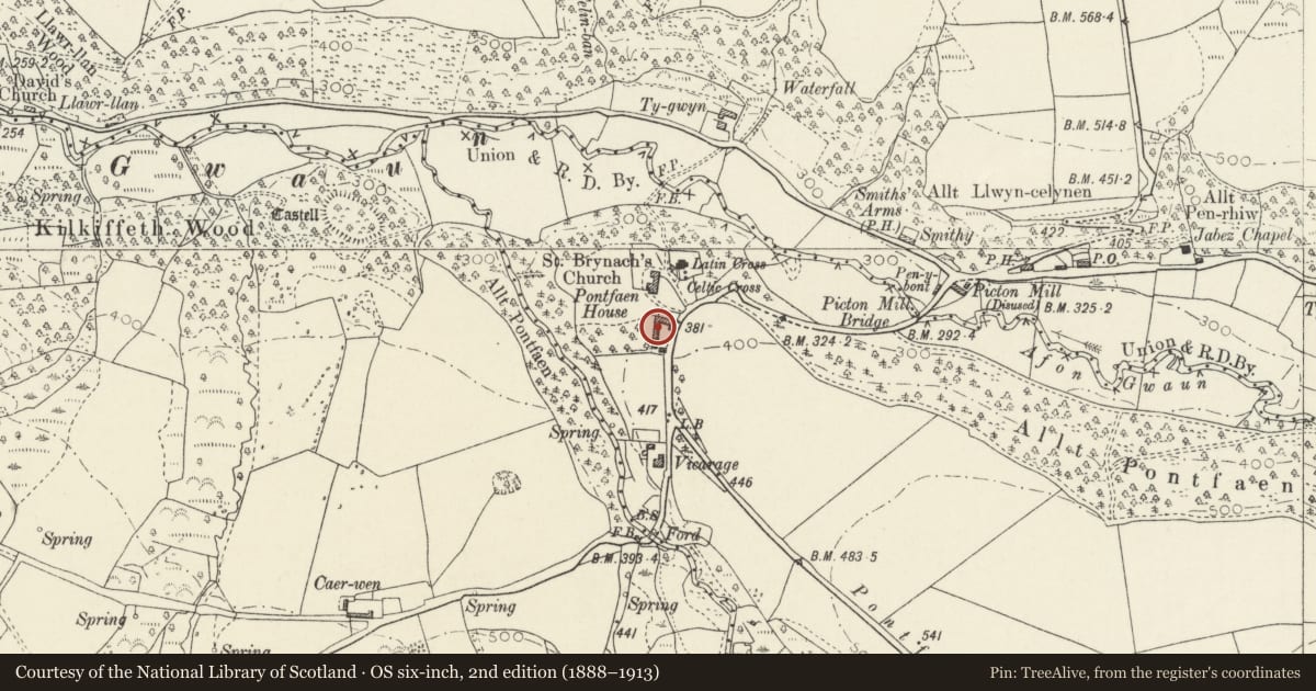 Ordnance Survey six-inch map, 2nd edition (1888–1913) covering the location of Outbuildings at Pontfaen, Cwm Gwaun, Pembrokeshire, with a pin at the register's coordinates